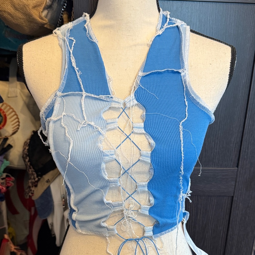 Trendy‎ Blue Lace-Up Women's Tank Top